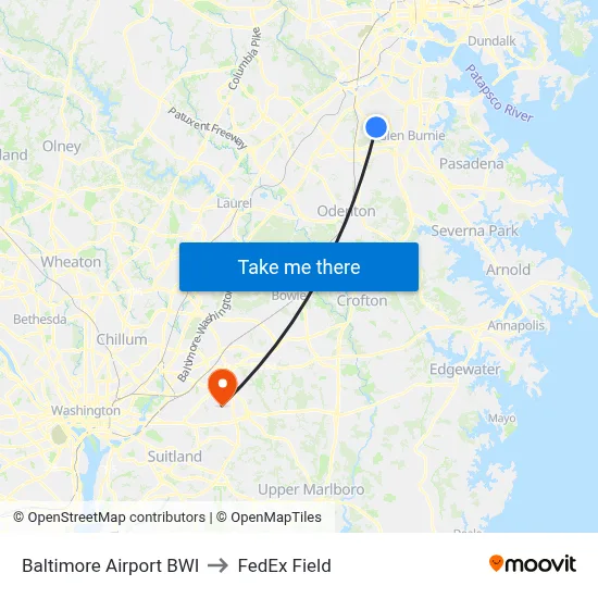 Baltimore Airport BWI to FedEx Field map
