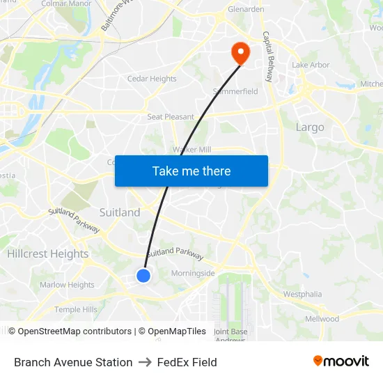 Branch Avenue Station to FedEx Field map