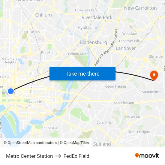 Metro Center Station to FedEx Field map