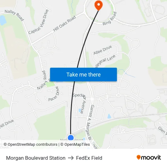 Morgan Boulevard Station to FedEx Field map