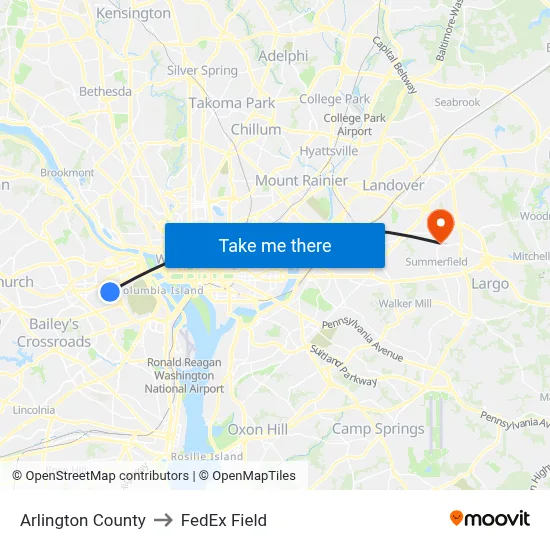 Arlington County to FedEx Field map