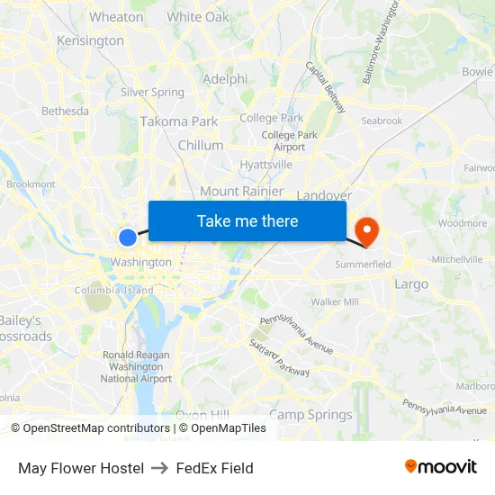 May Flower Hostel to FedEx Field map