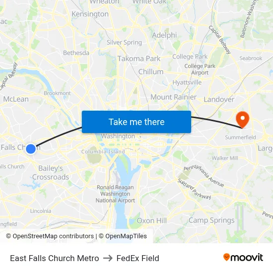 East Falls Church Metro to FedEx Field map