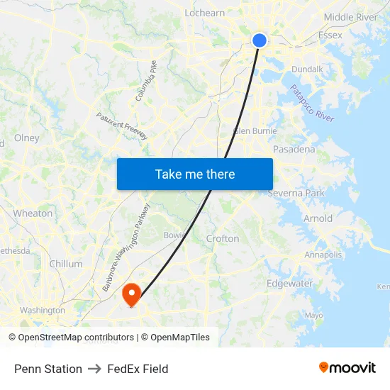 Penn Station to FedEx Field map