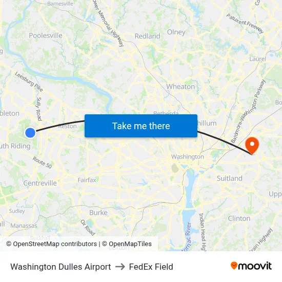 Washington Dulles Airport to FedEx Field map