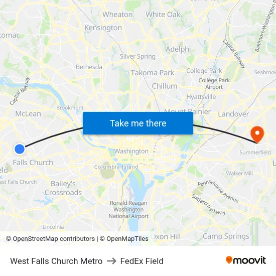 West Falls Church Metro to FedEx Field map