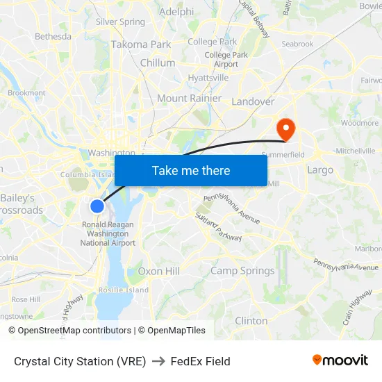 Crystal City Station (VRE) to FedEx Field map