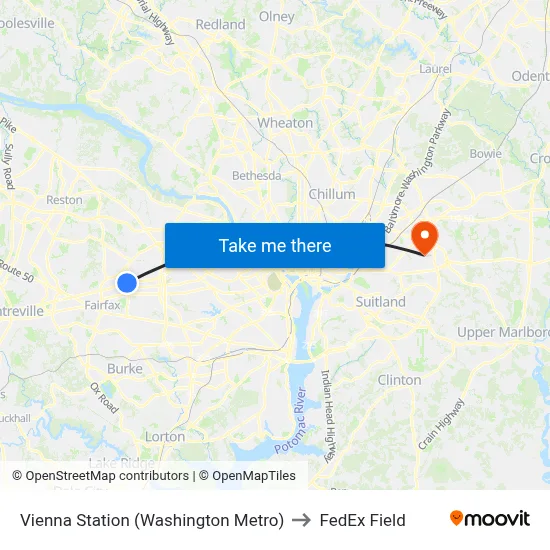 Vienna Station (Washington Metro) to FedEx Field map