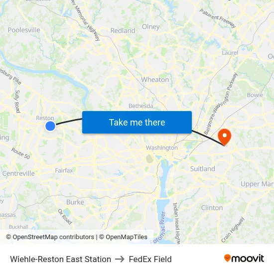 Wiehle-Reston East Station to FedEx Field map