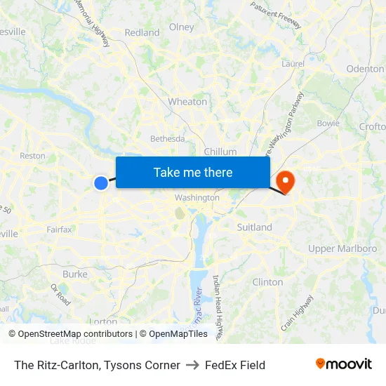 The Ritz-Carlton, Tysons Corner to FedEx Field map