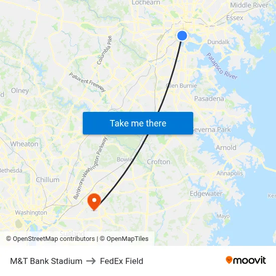 M&T Bank Stadium to FedEx Field map