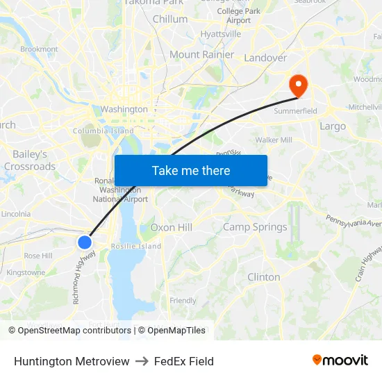 Huntington Metroview to FedEx Field map