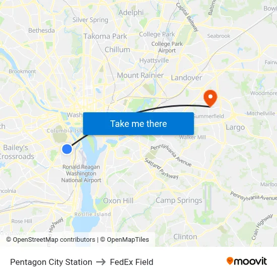 Pentagon City Station to FedEx Field map