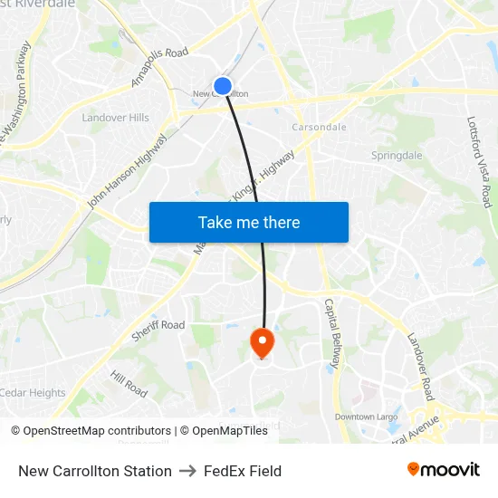New Carrollton Station to FedEx Field map