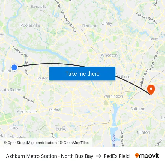 Ashburn Metro Station - North Bus Bay to FedEx Field map