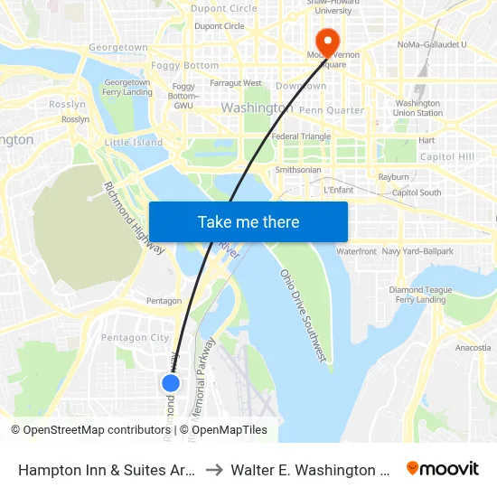 Hampton Inn & Suites Arlington Crystal City to Walter E. Washington Convention Center map