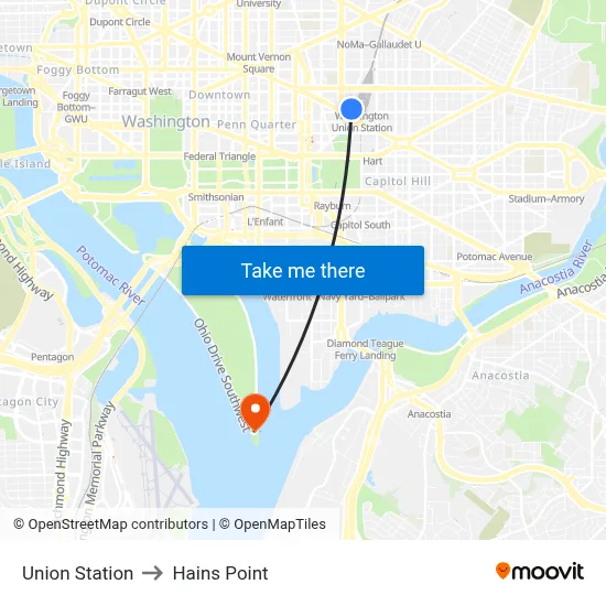 Union Station to Hains Point map