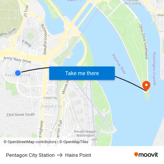 Pentagon City Station, Pentagon City Station, 1250 S Hayes St, Arlington, VA 22202, USA to Hains Point map