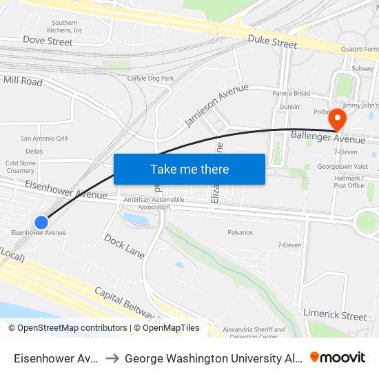 Eisenhower Ave Metrorail Station to George Washington University Alexandria Graduate Education Center map