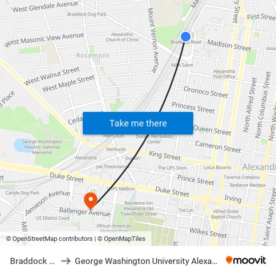 Braddock Road Metro to George Washington University Alexandria Graduate Education Center map