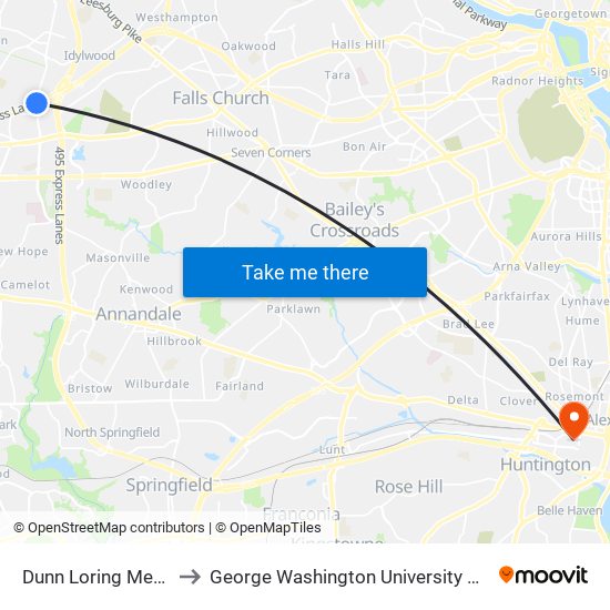 Dunn Loring Merrifield Metro Station to George Washington University Alexandria Graduate Education Center map