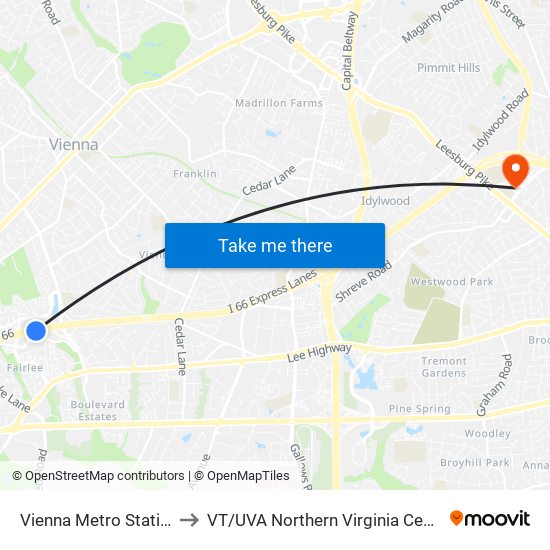 Vienna Metro Station to VT / UVA Northern Virginia Center map