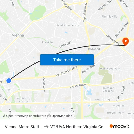 Vienna Metro Station to VT / UVA Northern Virginia Center map