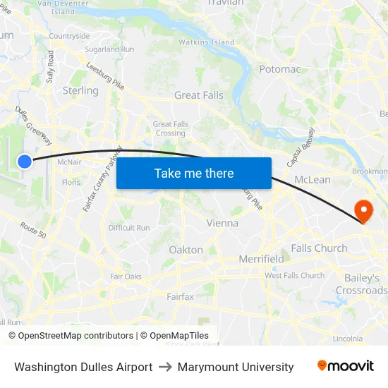 Washington Dulles Airport to Marymount University map