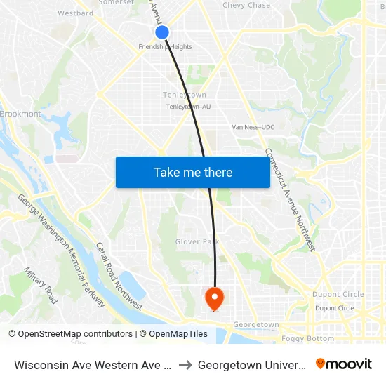 Wisconsin Ave Western Ave NW, Chevy Chase, MD 20815 to Georgetown University map