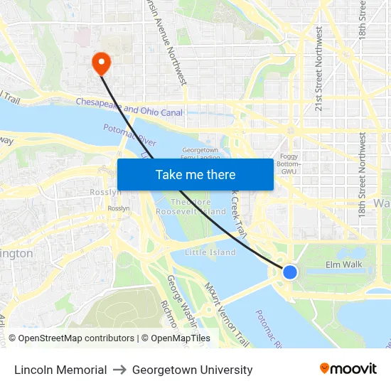 Lincoln Memorial to Georgetown University map