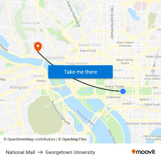 National Mall to Georgetown University map