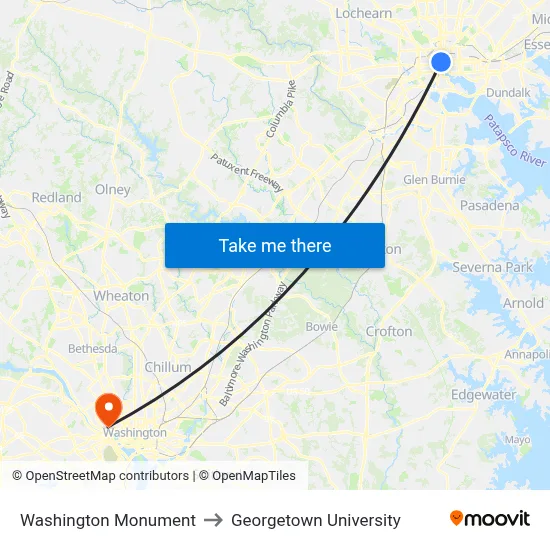 Washington Monument to Georgetown University map