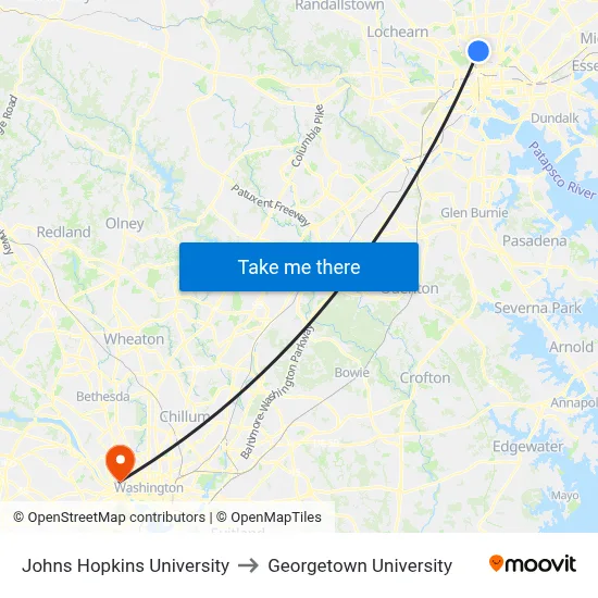 Johns Hopkins University to Georgetown University map