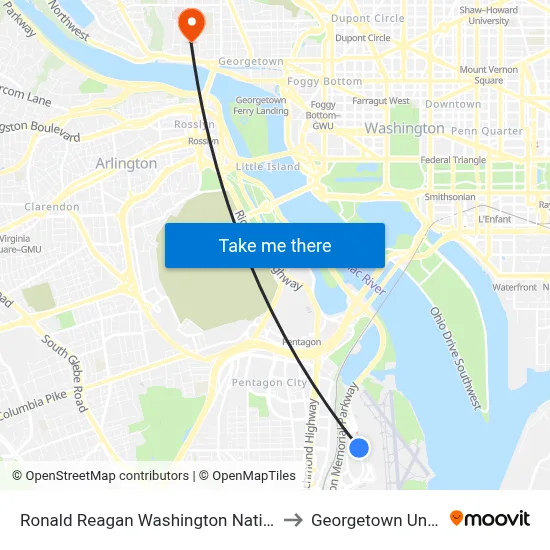 Ronald Reagan Washington National Airport to Georgetown University map