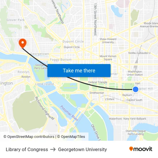 Library of Congress to Georgetown University map