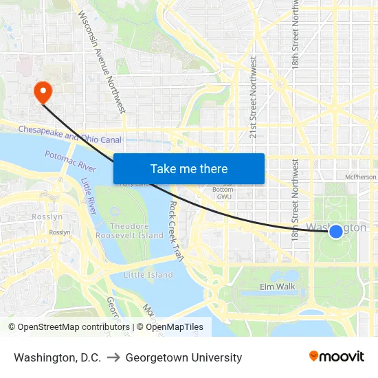 Washington, D.C. to Georgetown University map