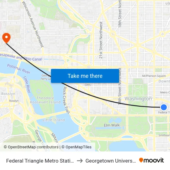 Federal Triangle Metro Station to Georgetown University map