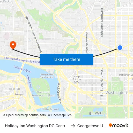 Holiday Inn Washington DC-Central/White House to Georgetown University map