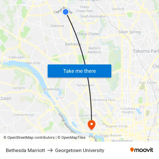 Bethesda Marriott to Georgetown University map