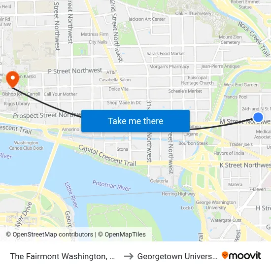 The Fairmont Washington, D.C. to Georgetown University map