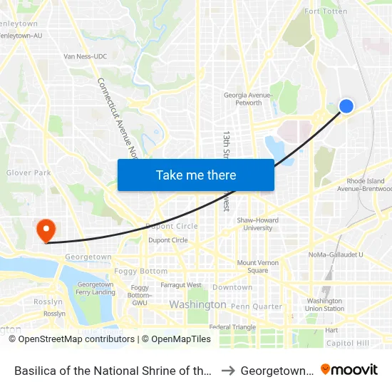 Basilica of the National Shrine of the Immaculate Conception to Georgetown University map