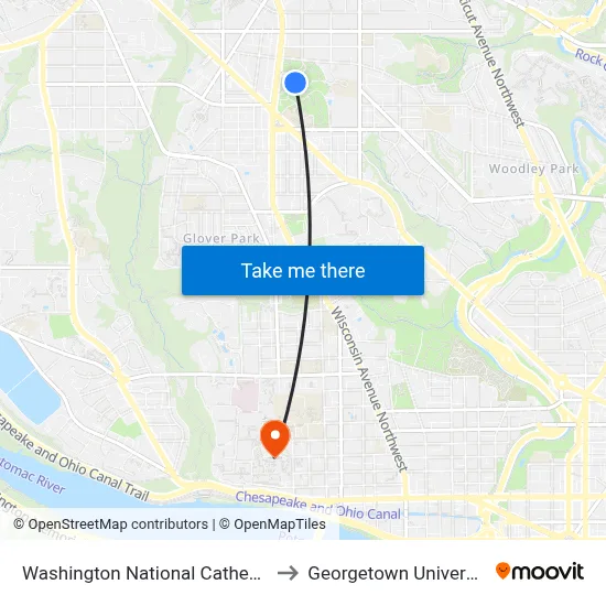 Washington National Cathedral to Georgetown University map