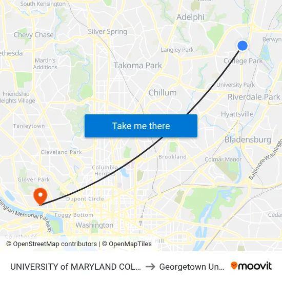 UNIVERSITY of MARYLAND COLLEGE PARK to Georgetown University map