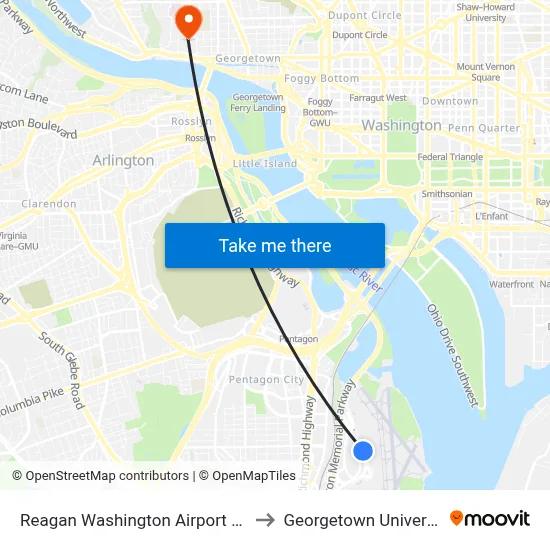 Reagan Washington Airport DCA to Georgetown University map