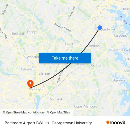 Baltimore Airport BWI to Georgetown University map