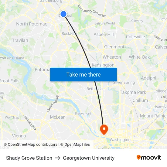 Shady Grove Station to Georgetown University map