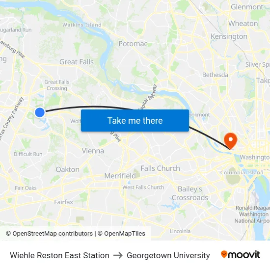 Wiehle Reston East Station to Georgetown University map