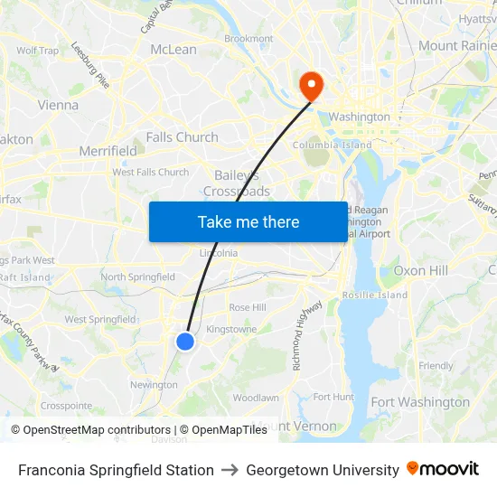 Franconia Springfield Station to Georgetown University map