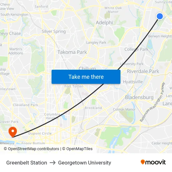 Greenbelt Station to Georgetown University map