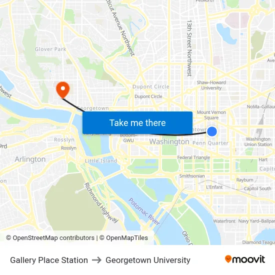Gallery Place Station to Georgetown University map